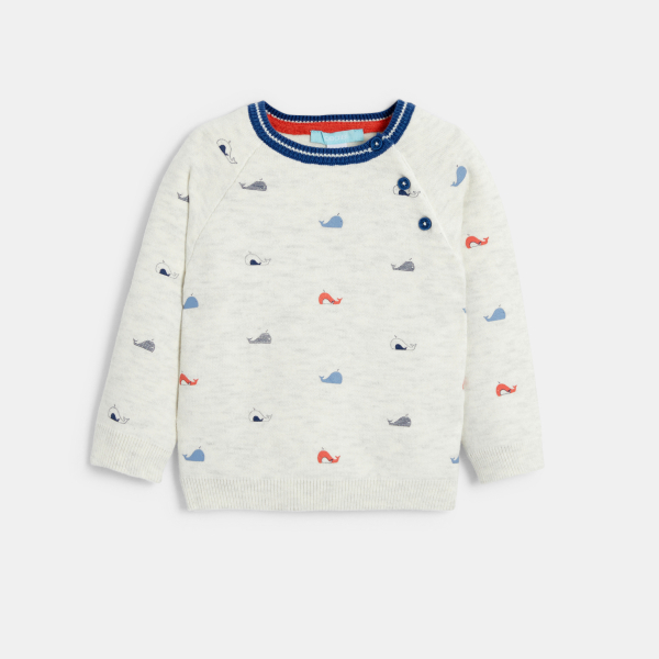 كنزة محبوكة من التريكو، مع رسمة للحوت، باللون البني للأطفال الصغار.